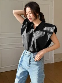 DAZY 實色鈕扣前衣服 - 黑色 - 查看 3