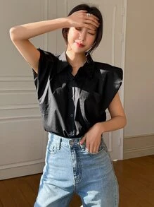 DAZY 實色鈕扣前衣服 - 黑色 - 查看 5