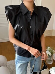 DAZY 實色鈕扣前衣服 - 黑色 - 查看 7