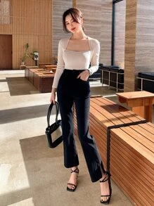 DAZY High Waist Flare Leg Trousers - Black - View 3