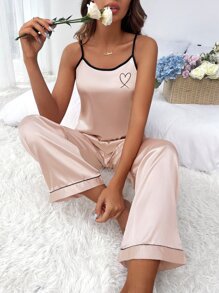 Heart Print Contrast Binding Satin Cami Top & Trousers PJ Set - Champagne - View 1