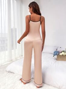 Heart Print Contrast Binding Satin Cami Top & Trousers PJ Set - Champagne - View 2