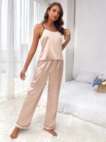 Heart Print Contrast Binding Satin Cami Top & Trousers PJ Set - Champagne - View 3