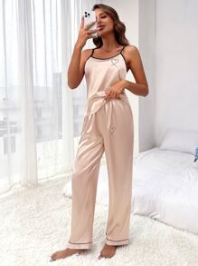 Heart Print Contrast Binding Satin Cami Top & Trousers PJ Set - Champagne - View 4