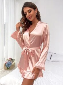 Bata con estampado de letra bajo con fruncido con cinturón de satén - Rosa Pálido - Ver 2