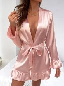 Bata con estampado de letra bajo con fruncido con cinturón de satén - Rosa Pálido - Ver 3