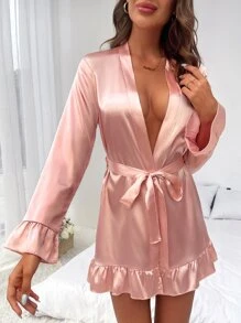 Bata con estampado de letra bajo con fruncido con cinturón de satén - Rosa Pálido - Ver 4
