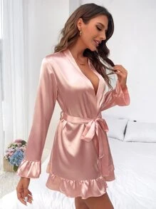 Bata con estampado de letra bajo con fruncido con cinturón de satén - Rosa Pálido - Ver 5