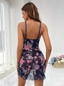 印花褶邊荷葉邊網紗吊帶睡裙 - 藏蓝色 - 查看 2