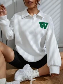 SHEIN Unity 字母補丁細節Polo領落肩袖運動衫 - 白色 - 查看 1