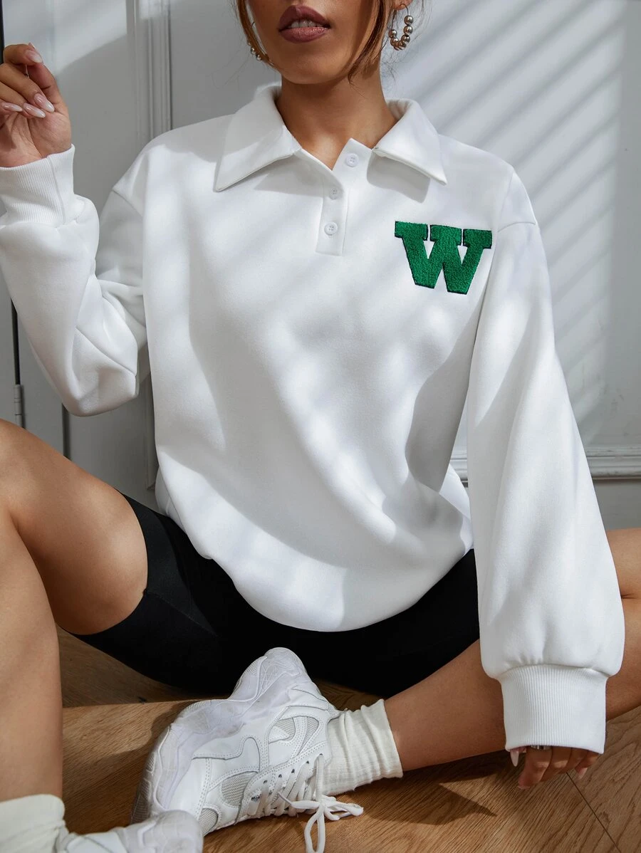 SHEIN Unity 字母補丁細節Polo領落肩袖運動衫 - 白色 - 查看 1