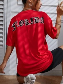 SHEIN Unity 字母圖案落肩袖超大號T恤 - 紅色 - 查看 2