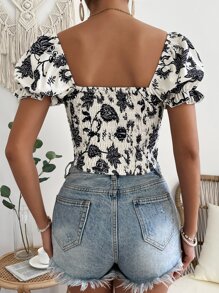 Chiquease Floral Print Square Neck Puff Sleeve Blouse - White - View 2