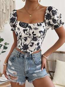 Chiquease Floral Print Square Neck Puff Sleeve Blouse - White - View 4