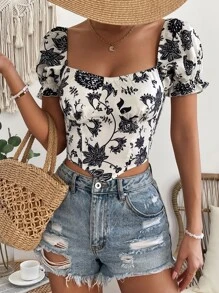 Chiquease Floral Print Square Neck Puff Sleeve Blouse - White - View 6