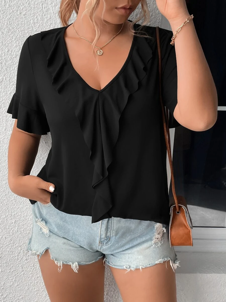 SHEIN LUNE Plus Ruffle Trim Flounce Sleeve Tee - Black - View 1