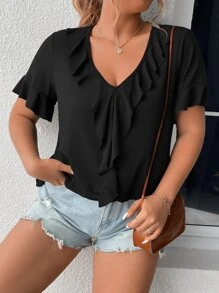 SHEIN LUNE Plus Ruffle Trim Flounce Sleeve Tee - Black - View 5