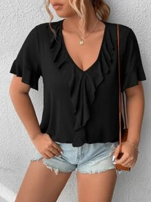 SHEIN LUNE Plus Ruffle Trim Flounce Sleeve Tee - Black - View 6