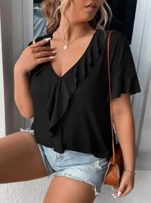 SHEIN LUNE Plus Ruffle Trim Flounce Sleeve Tee - Black - View 8