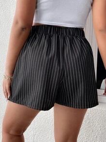 SHEIN Holidaya Plus Striped Print Fold Pleated Detail Shorts - Black - View 2