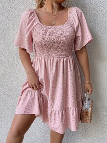 SHEIN Holidaya 大碼滿版印花荷葉袖荷葉邊連衣裙