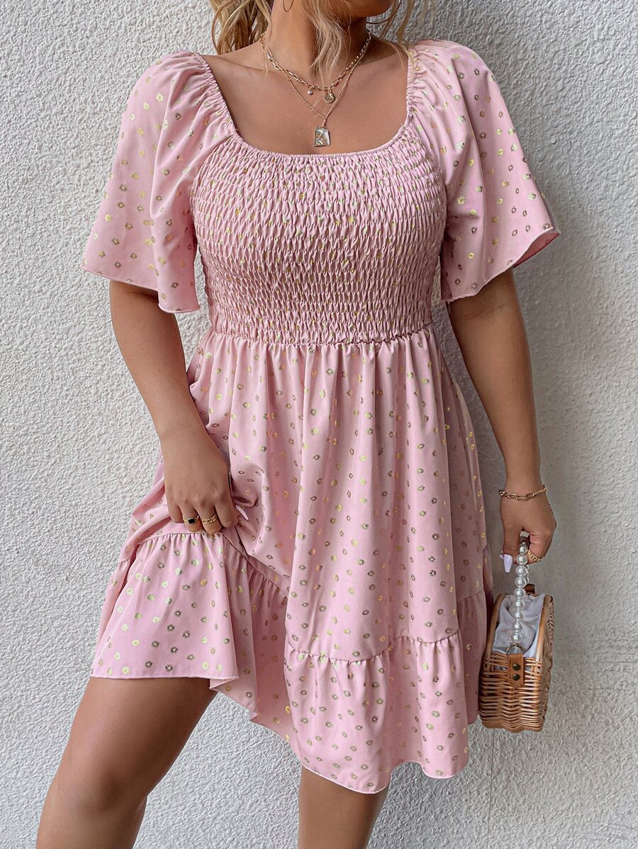 SHEIN Holidaya 大碼滿版印花荷葉袖荷葉邊連衣裙