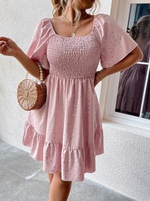 SHEIN Holidaya 大碼滿版印花荷葉袖荷葉邊連衣裙