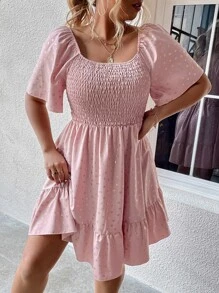 SHEIN Holidaya 大碼滿版印花荷葉袖荷葉邊連衣裙