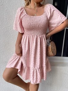 SHEIN Holidaya 大碼滿版印花荷葉袖荷葉邊連衣裙