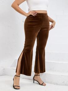 Calvaya Plus High Waist Split Hem Flare Leg Trousers - Chocolate Brown - View 2