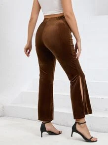 Calvaya Plus High Waist Split Hem Flare Leg Trousers - Chocolate Brown - View 3