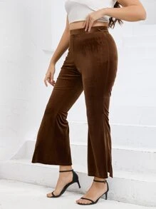 Calvaya Plus High Waist Split Hem Flare Leg Trousers - Chocolate Brown - View 4