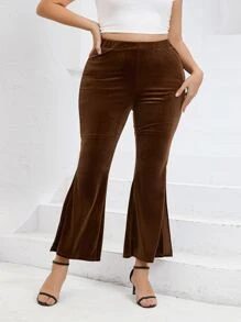 Calvaya Plus High Waist Split Hem Flare Leg Trousers - Chocolate Brown - View 1