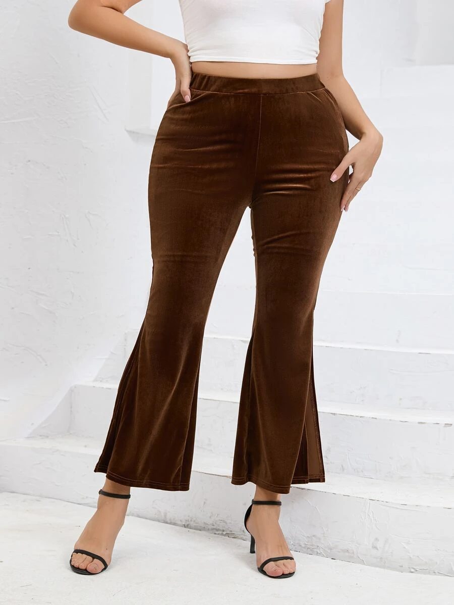 Calvaya Plus High Waist Split Hem Flare Leg Trousers - Chocolate Brown - View 1