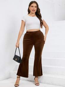Calvaya Plus High Waist Split Hem Flare Leg Trousers - Chocolate Brown - View 5