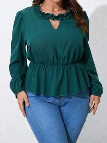 SHEIN LUNE Blusa peplum ribete fruncido de cuello con abertura de ojo - Verde Oscuro - Ver 1