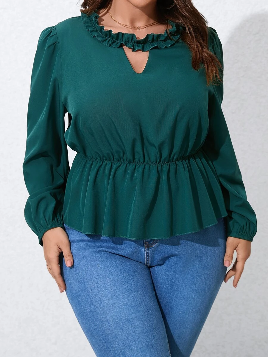 SHEIN LUNE Blusa peplum ribete fruncido de cuello con abertura de ojo - Verde Oscuro - Ver 1