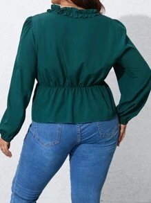 SHEIN LUNE Blusa peplum ribete fruncido de cuello con abertura de ojo - Verde Oscuro - Ver 2