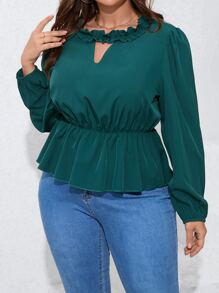 SHEIN LUNE Blusa peplum ribete fruncido de cuello con abertura de ojo - Verde Oscuro - Ver 3