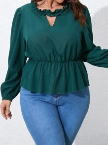 SHEIN LUNE Blusa peplum ribete fruncido de cuello con abertura de ojo - Verde Oscuro - Ver 4