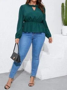 SHEIN LUNE Blusa peplum ribete fruncido de cuello con abertura de ojo - Verde Oscuro - Ver 6