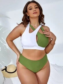 Plus Size Color Block Crisscross Bikini Set Summer Beach - Multicolor - View 3