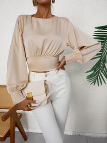 SHEIN Privé Solid Shirred Open Back Bishop Sleeve Crop Blouse - Apricot - View 2
