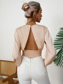 SHEIN Privé Solid Shirred Open Back Bishop Sleeve Crop Blouse - Apricot - View 3