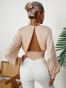 SHEIN Privé Solid Shirred Open Back Bishop Sleeve Crop Blouse - Apricot - View 4