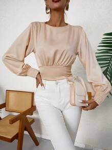 SHEIN Privé Solid Shirred Open Back Bishop Sleeve Crop Blouse - Apricot - View 1