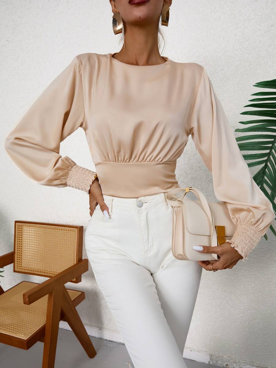 SHEIN Privé Solid Shirred Open Back Bishop Sleeve Crop Blouse - Apricot - View 1