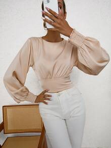 SHEIN Privé Solid Shirred Open Back Bishop Sleeve Crop Blouse - Apricot - View 5