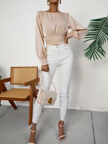 SHEIN Privé Solid Shirred Open Back Bishop Sleeve Crop Blouse - Apricot - View 6