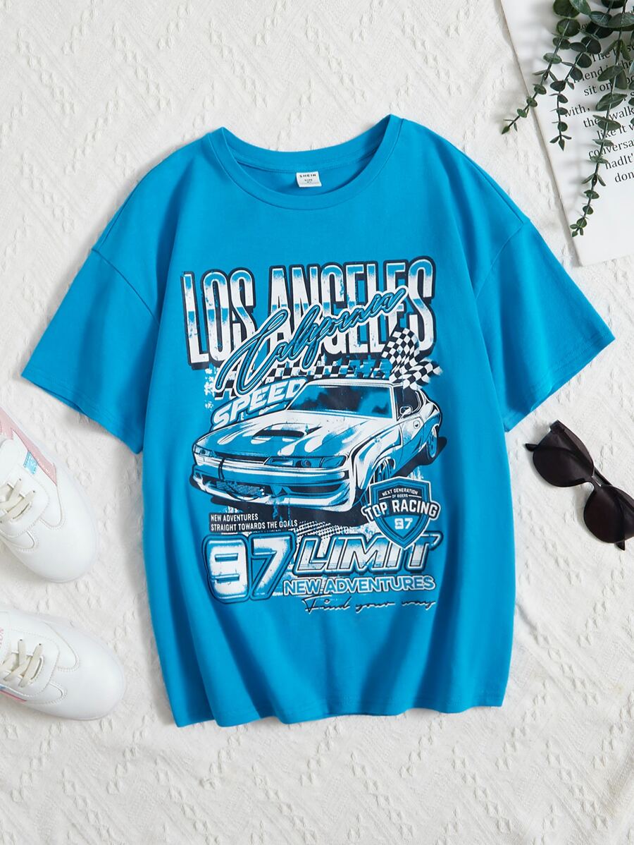 SHEIN Leap Crew Tween Girl Car & Letter Graphic Drop Shoulder Tee - Blue - View 1